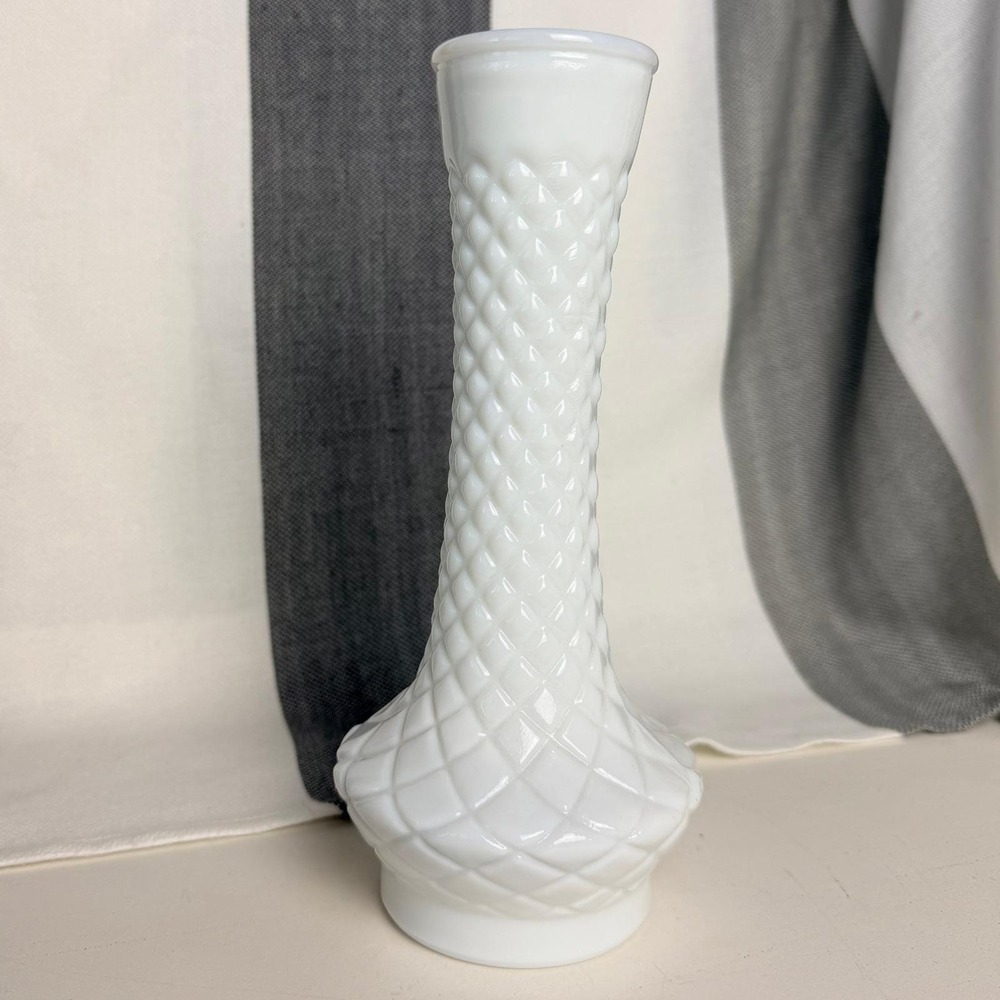 Vintage Randall White Milk Glass Bud Vase 9 Inch Diamond Quilt MCM